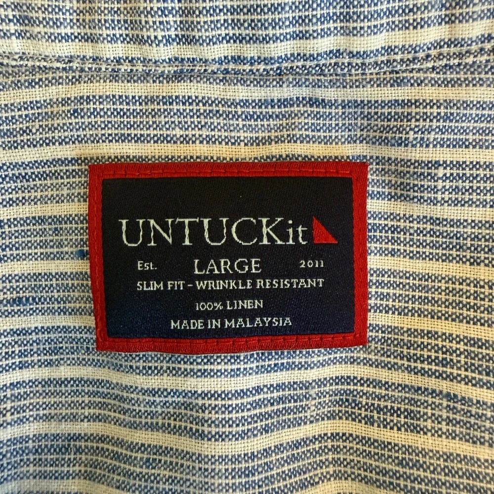 UNTUCKit Westrey WR Linen Shirt Mens Large Blue Stripe Slim Fit Short Sleeve